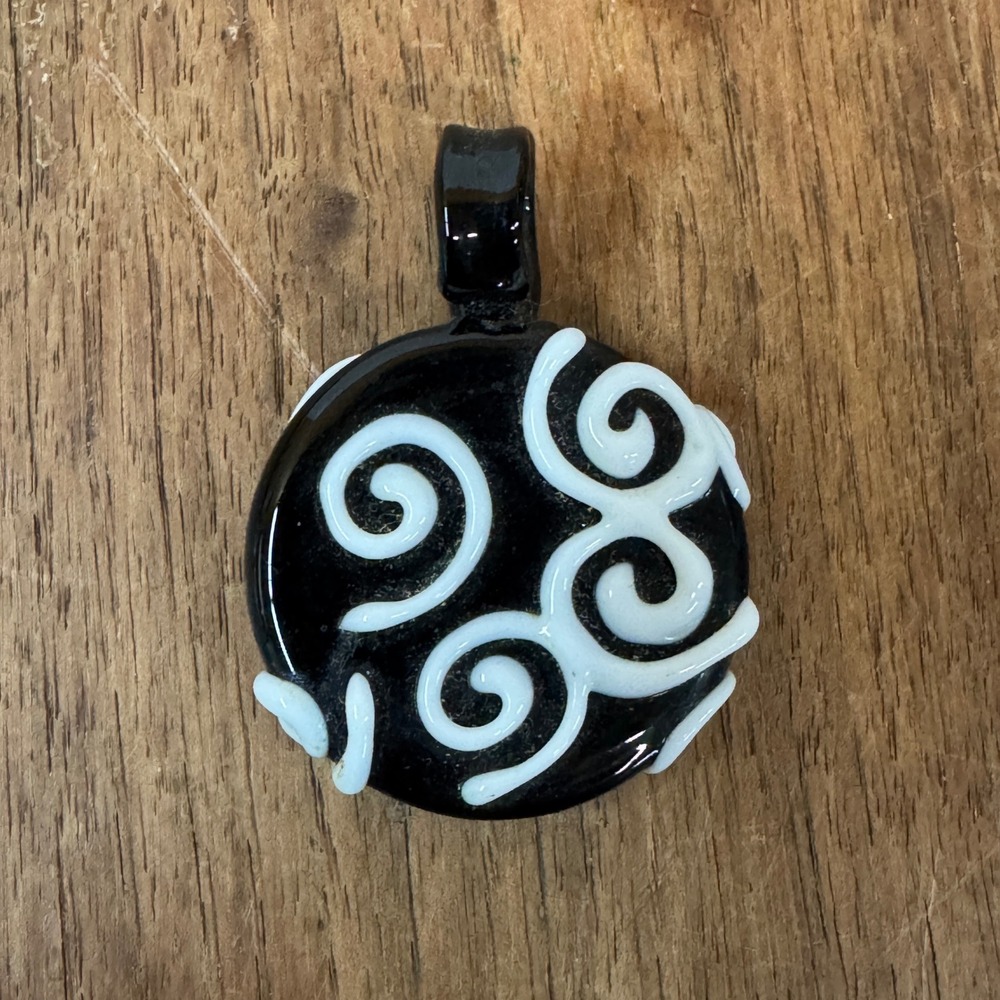 Black & White Swirl Art Glass Pendant Necklace Unique‎ Handmade Jewelry